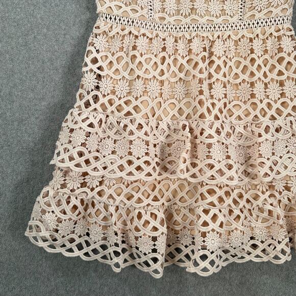 Lulus Lace Overlay Mini Dress Women's Medium Beige Tiered Ruffle Sleeveless - Picture 3 of 10
